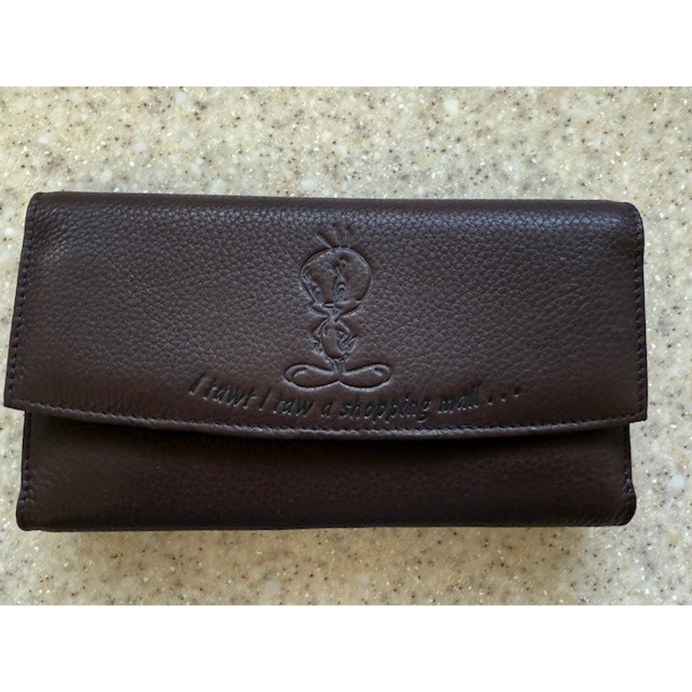 Vintage Warner Bros Tweety Bird Brown Leather Checkbook Clutch Wallet - NEW